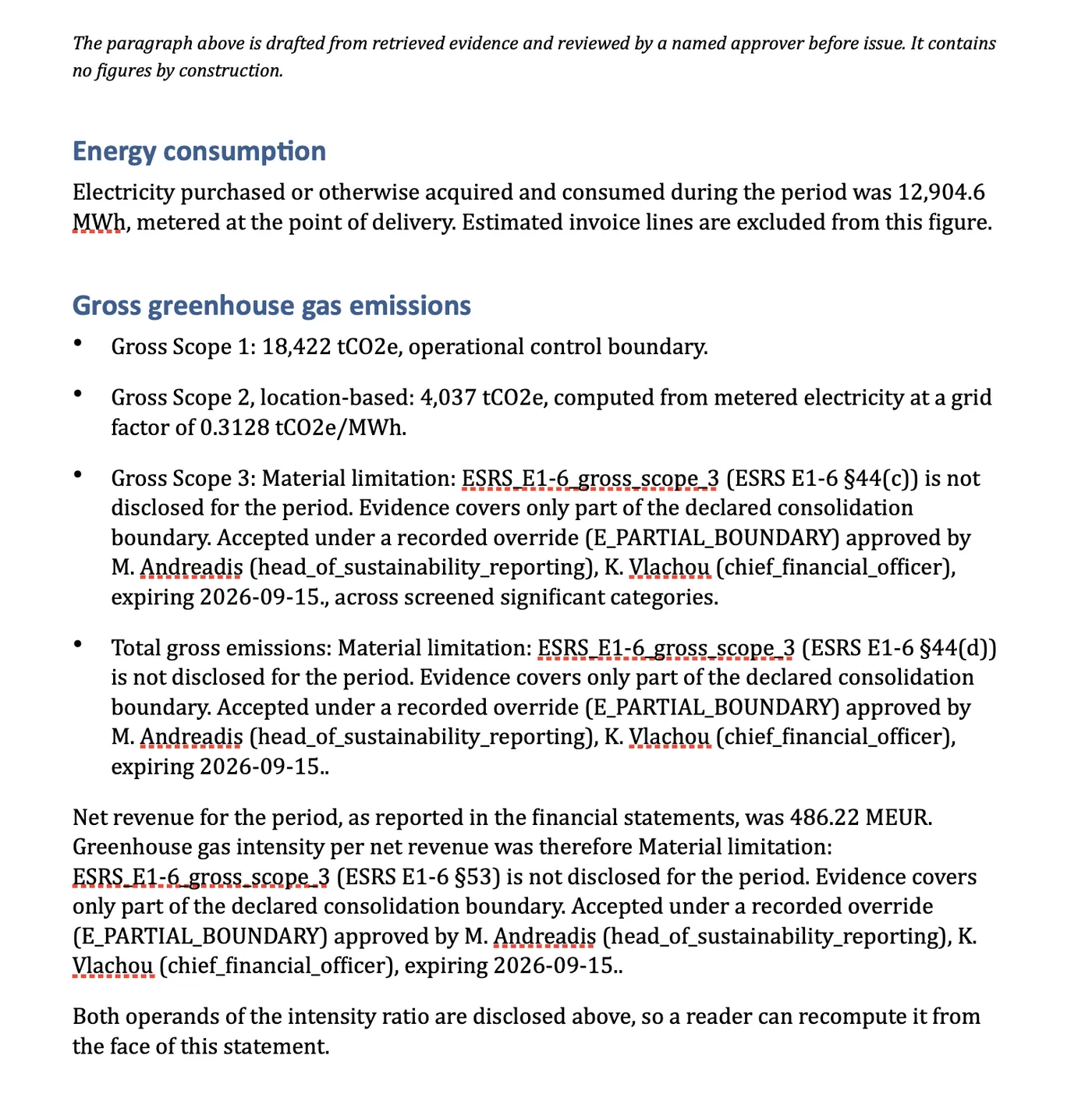 The rendered statement showing a material limitation with its reason code E_PARTIAL_BOUNDARY, two named approvers with their roles, and an expiry date of 2026-09-15