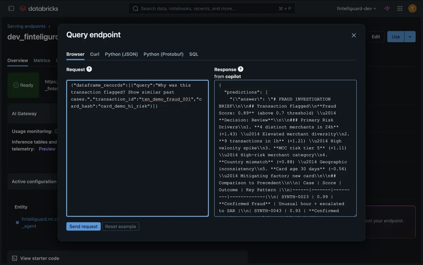 Databricks serving endpoint query: the request asks "Why was this transaction flagged? Show similar past cases" and the copilot returns a fraud investigation brief with ranked risk drivers and a precedent table of resolved cases