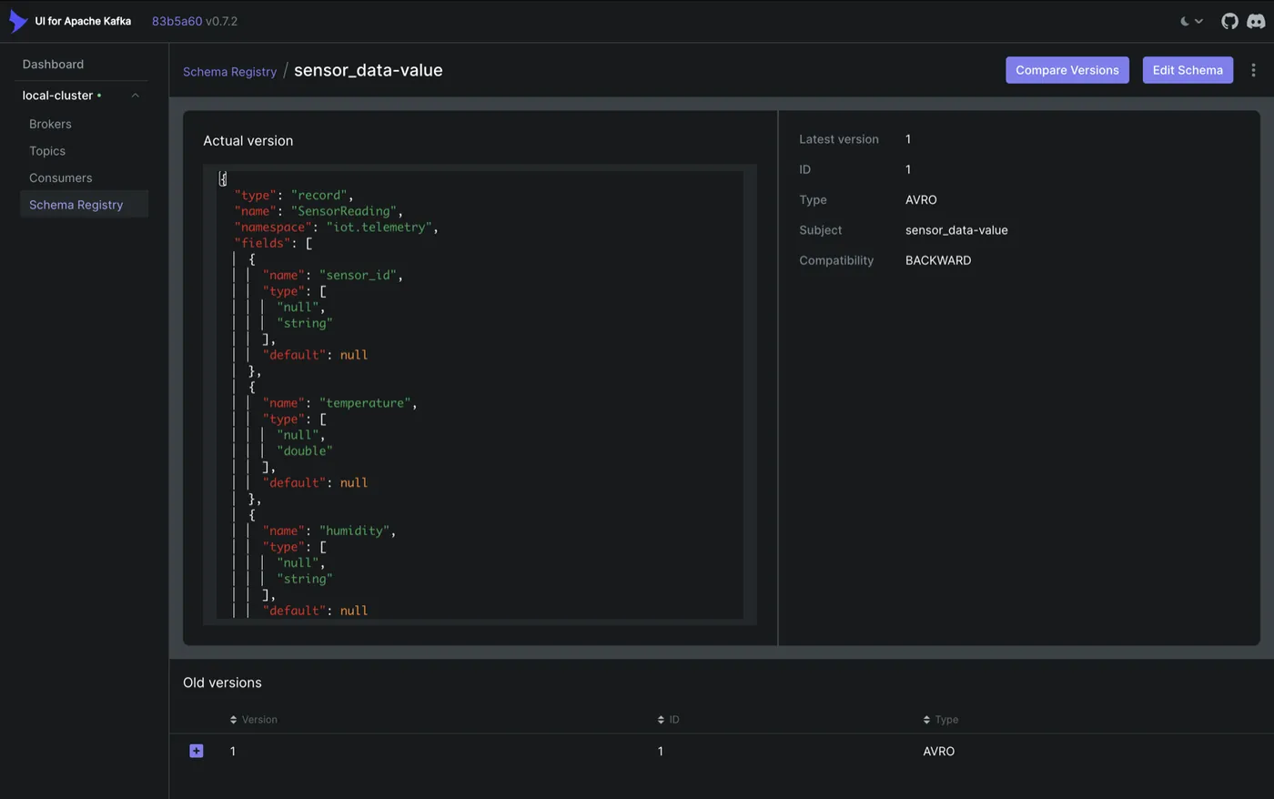 Confluent Schema Registry showing the registered SensorReading Avro schema
