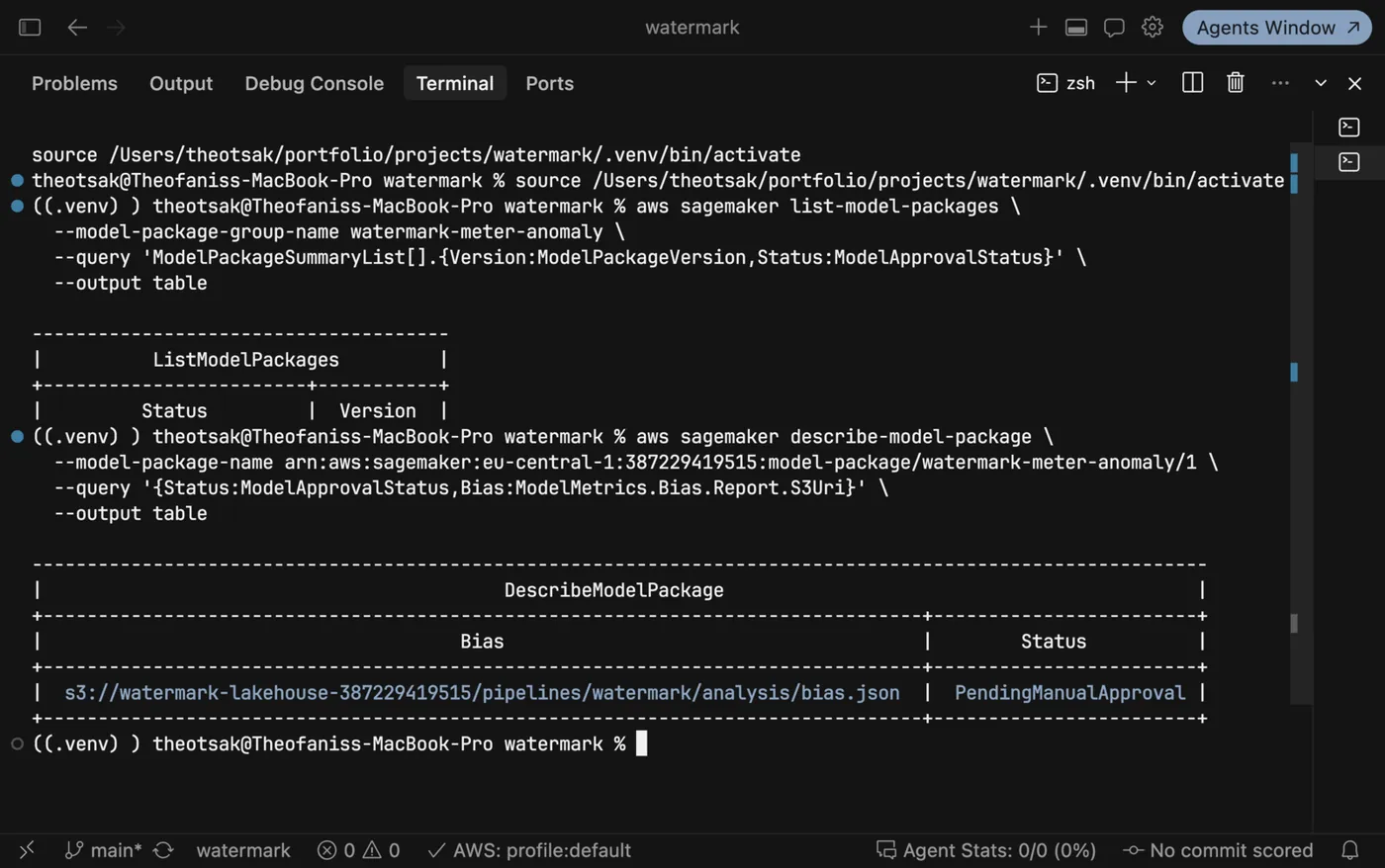 SageMaker Model Registry: version 1 in status PendingManualApproval, with a bias report attached to the registry entry