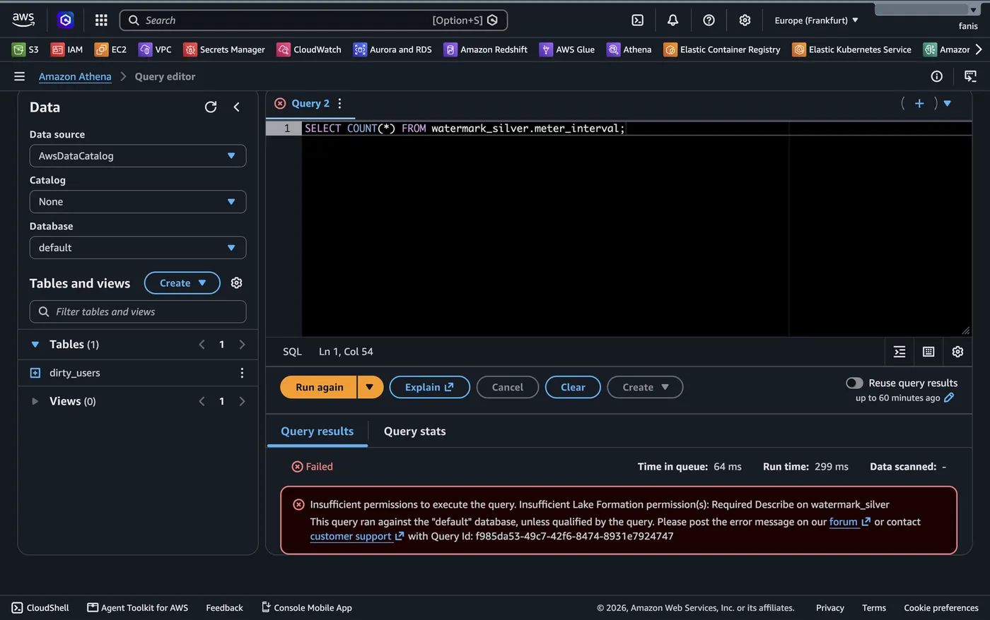Athena refusing a query on watermark_silver with "Insufficient Lake Formation permission(s): Required Describe", with no watermark tables in the table list at all